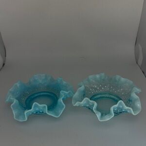 Vintage ?Fenton? Blue Opalescent Ruffled Hobnail Glass Candy Dishes (set of 2)